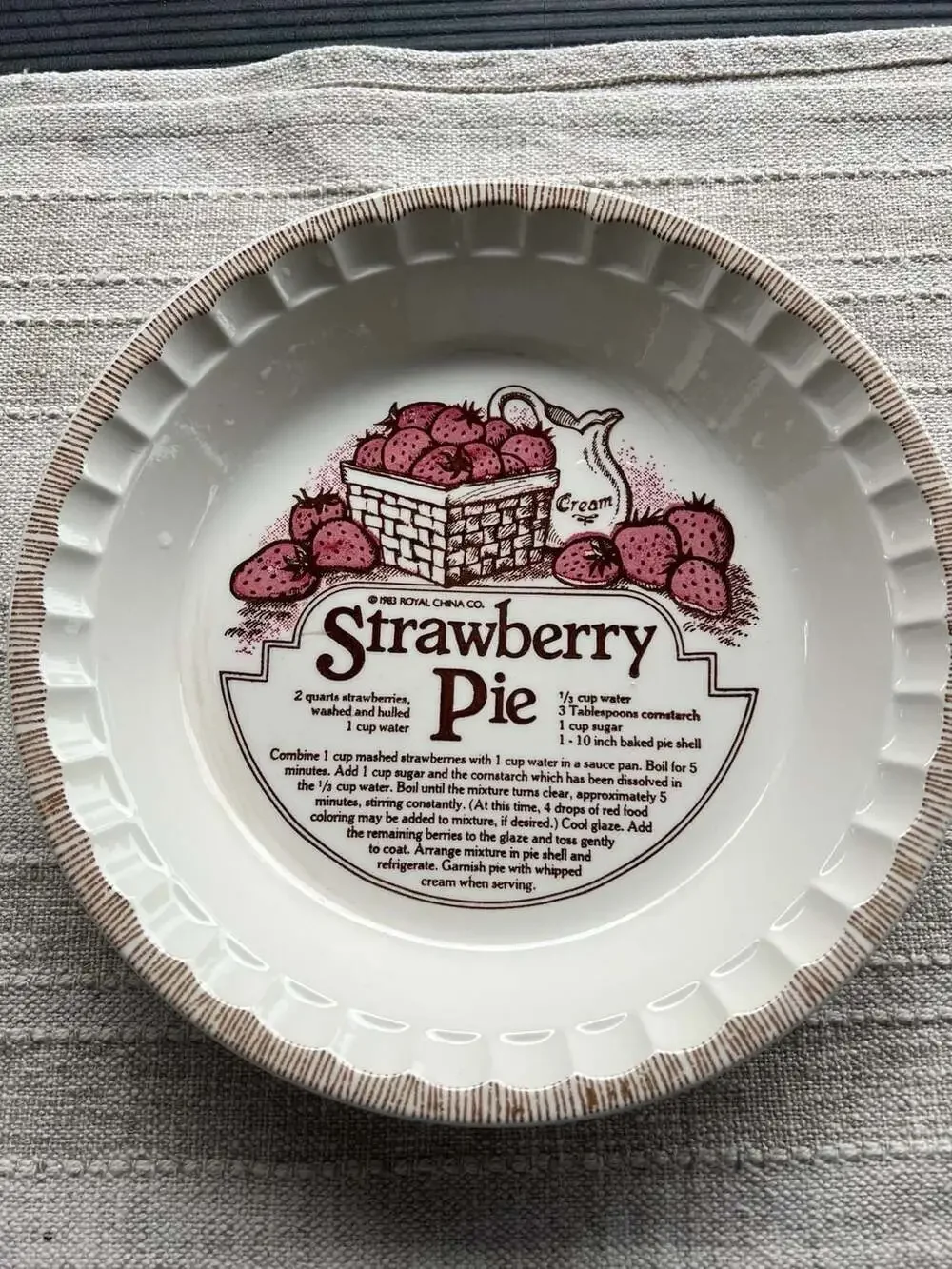 Vintage 1983 Royal China Co. Country Harvest Strawberry Pie Recipe Ceramic Pie P